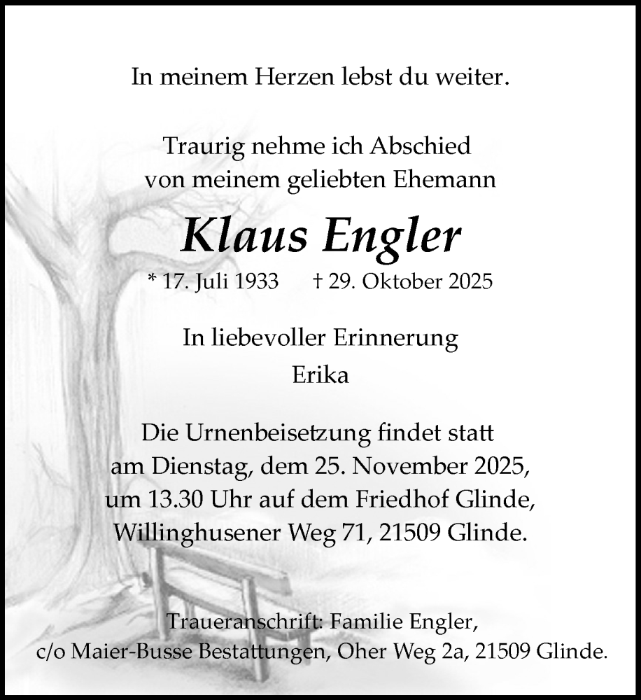  Traueranzeige für Klaus Engler vom 22.11.2025 aus MARKT Glinde/Reinfeld