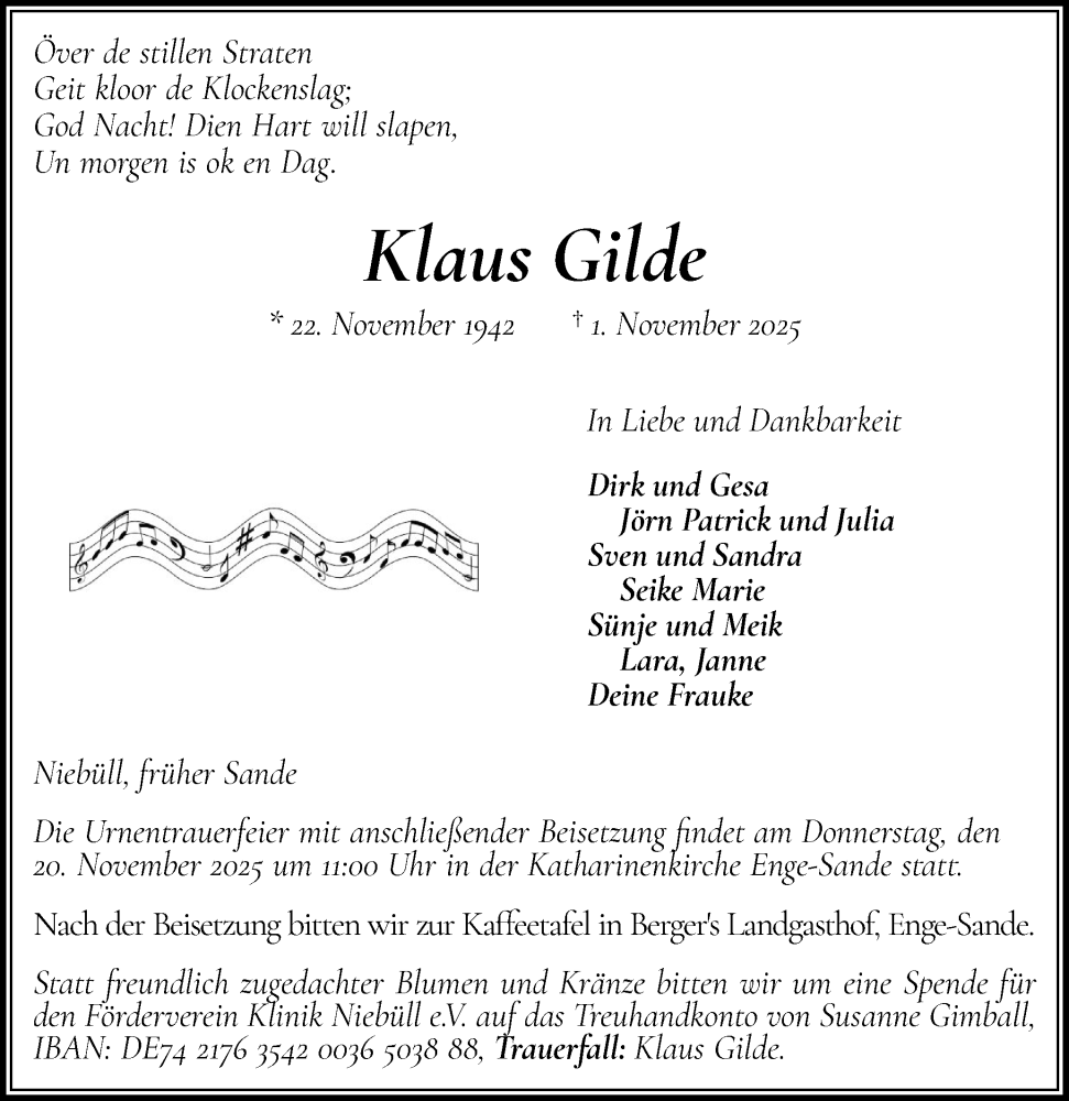  Traueranzeige für Klaus Gilde vom 08.11.2025 aus Husumer Nachrichten, Nordfriesland Tageblatt