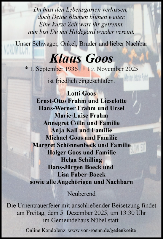 Traueranzeige von Klaus Goos von Schleswiger Nachrichten, Schlei-Bote