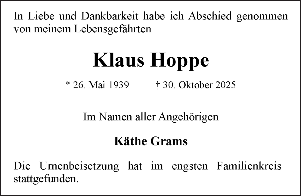  Traueranzeige für Klaus Hoppe vom 22.11.2025 aus MARKT Ratzeburg/Mölln