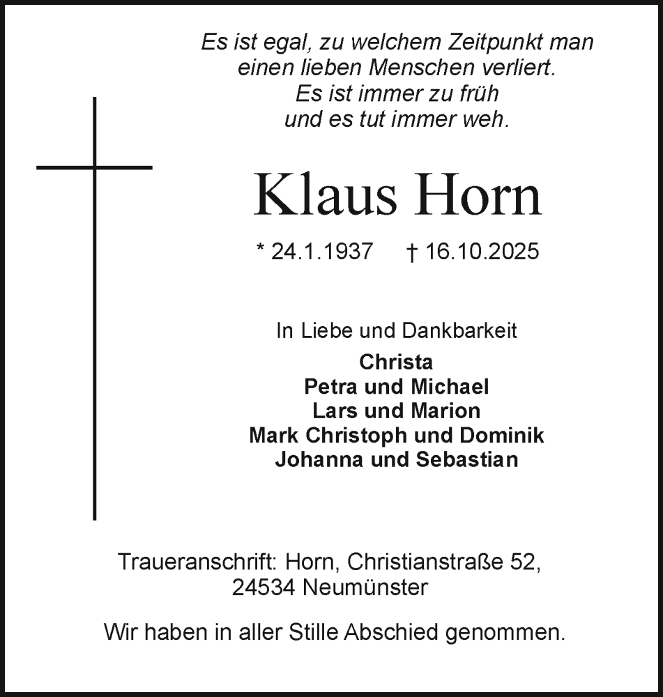  Traueranzeige für Klaus Horn vom 08.11.2025 aus Holsteinischer Courier