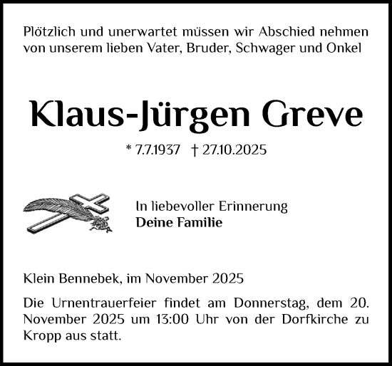 Traueranzeige von Klaus-Jürgen Greve von Schleswig-Holsteinische Landeszeitung