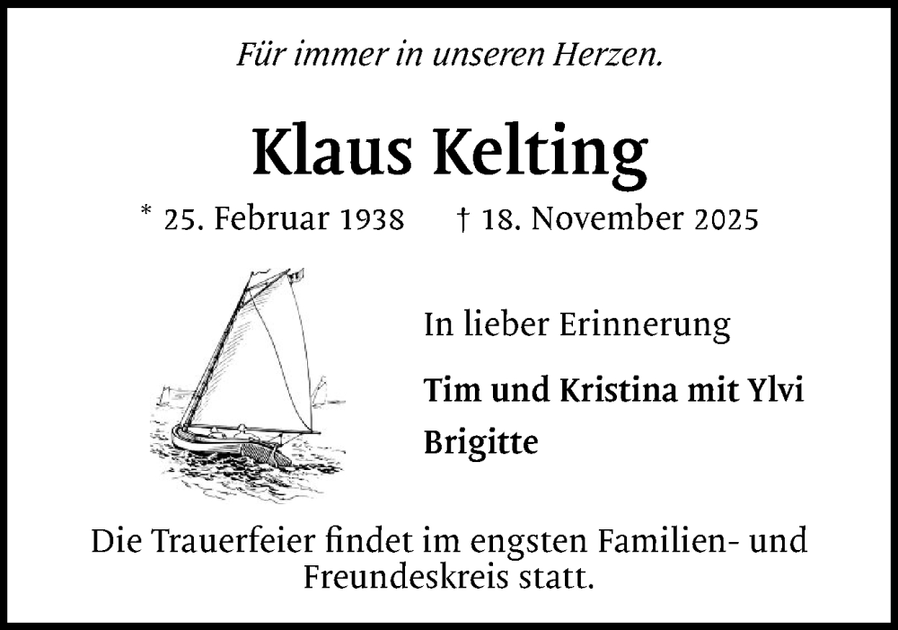  Traueranzeige für Klaus Kelting vom 29.11.2025 aus Region Pinneberg und tip Pinneberg