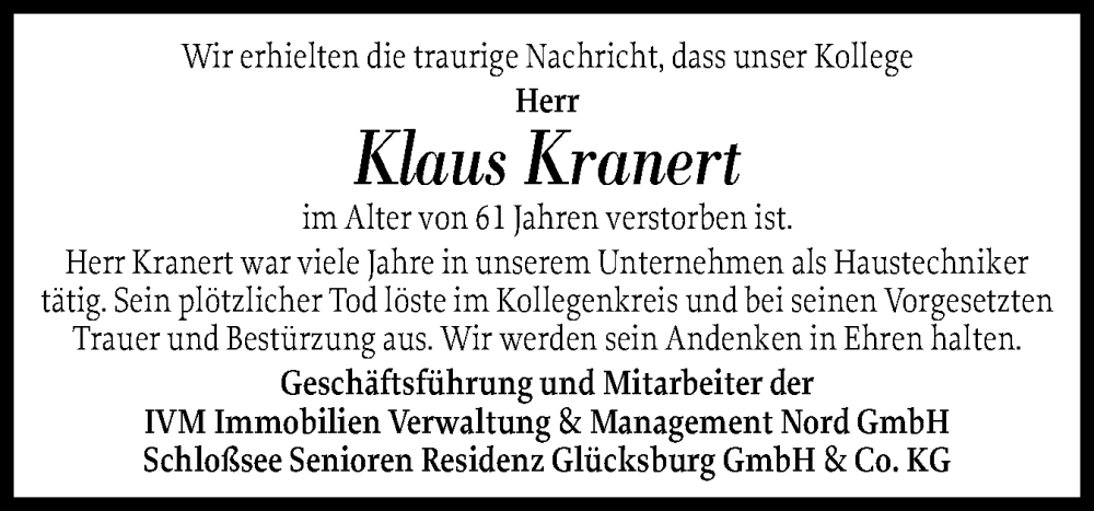  Traueranzeige für Klaus Kranert vom 22.11.2025 aus Flensburger Tageblatt