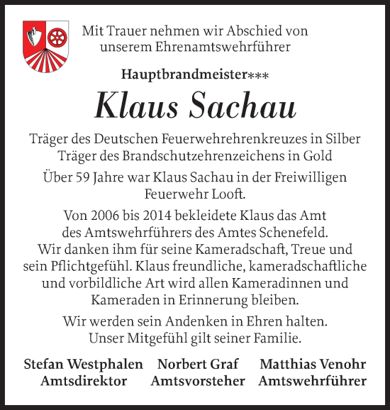 Traueranzeige von Klaus Sachau von Norddeutsche Rundschau, Wilstersche Zeitung, Glückstädter Fortuna