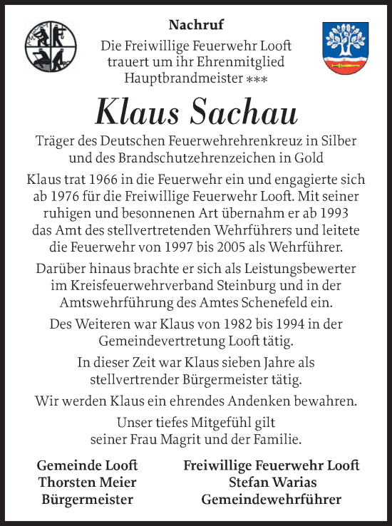 Traueranzeige von Klaus Sachau von Norddeutsche Rundschau, Wilstersche Zeitung, Glückstädter Fortuna