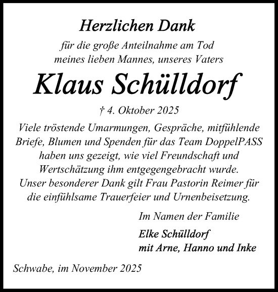 Traueranzeige von Klaus Schülldorf von Schleswig-Holsteinische Landeszeitung