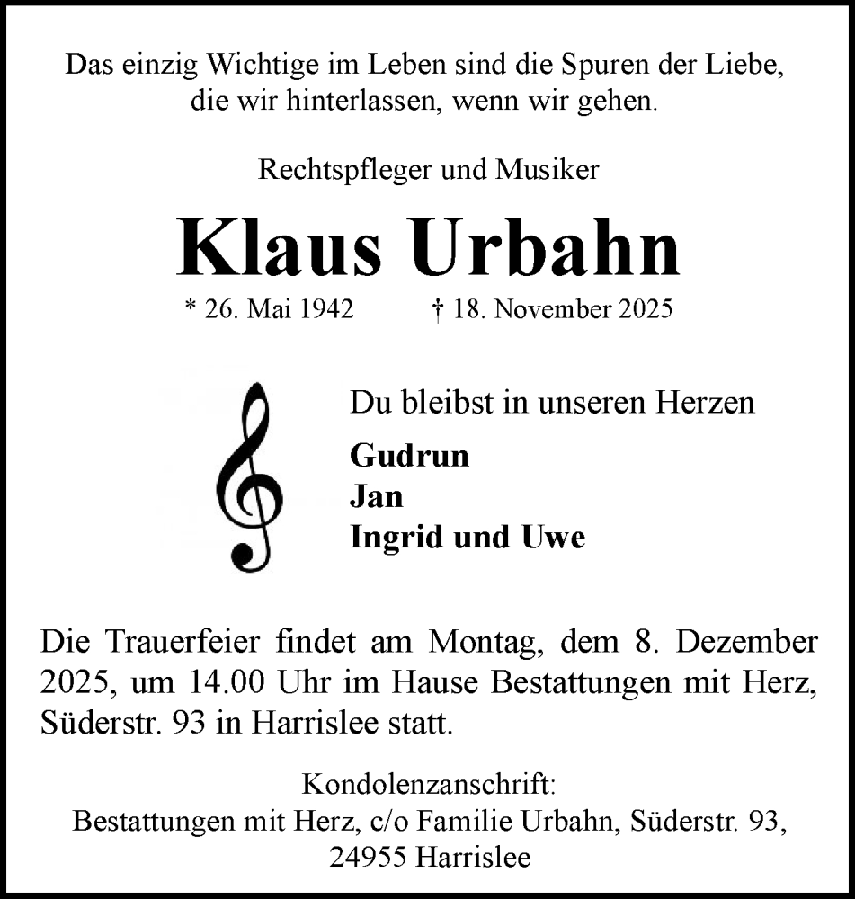  Traueranzeige für Klaus Urbahn vom 29.11.2025 aus Flensburger Tageblatt