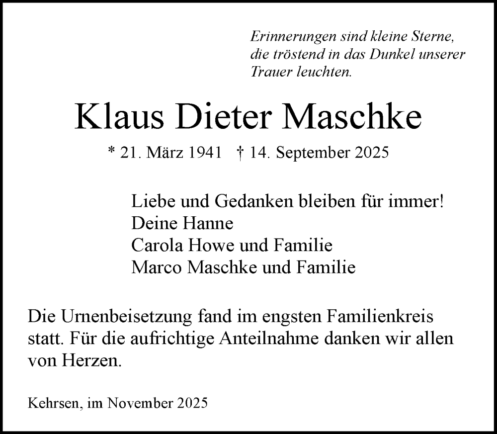  Traueranzeige für Klaus Dieter Maschke vom 15.11.2025 aus MARKT Ratzeburg/Mölln