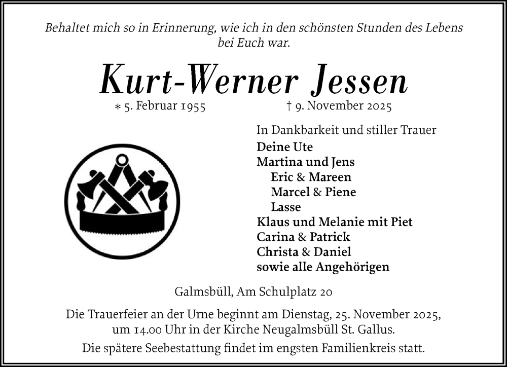 Traueranzeige für Kurt-Werner Jessen vom 15.11.2025 aus Husumer Nachrichten, Nordfriesland Tageblatt