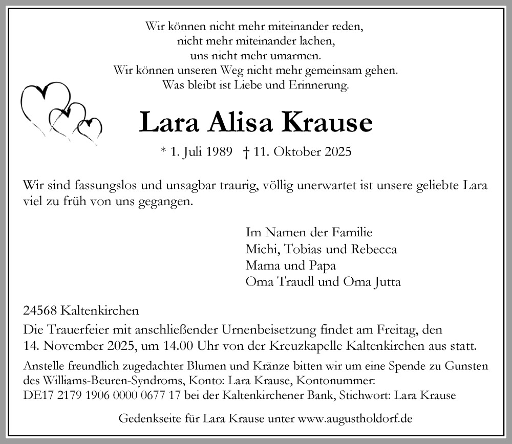  Traueranzeige für Lara Alisa Krause vom 08.11.2025 aus Umschau