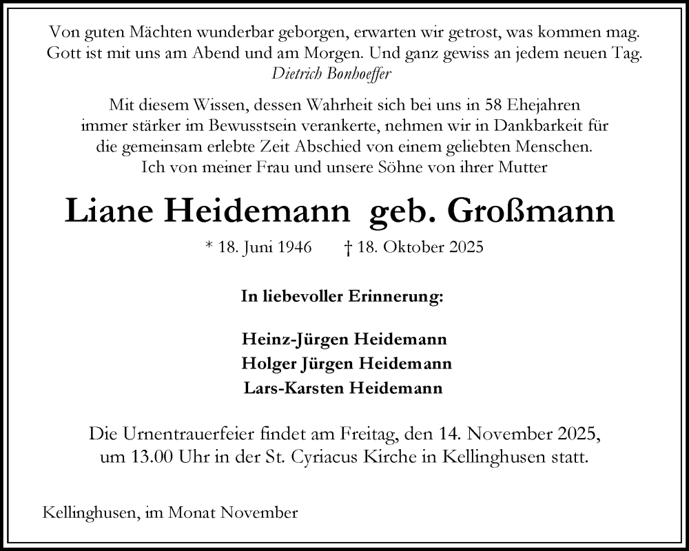  Traueranzeige für Liane Heidemann vom 08.11.2025 aus Norddeutsche Rundschau, Wilstersche Zeitung, Glückstädter Fortuna