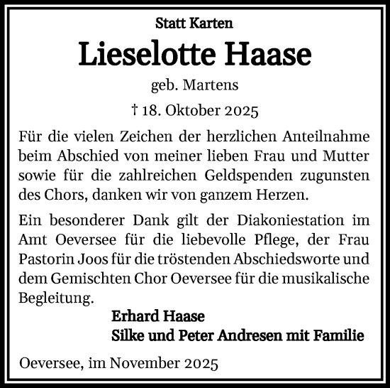 Traueranzeige von Lieselotte Haase von Flensburger Tageblatt