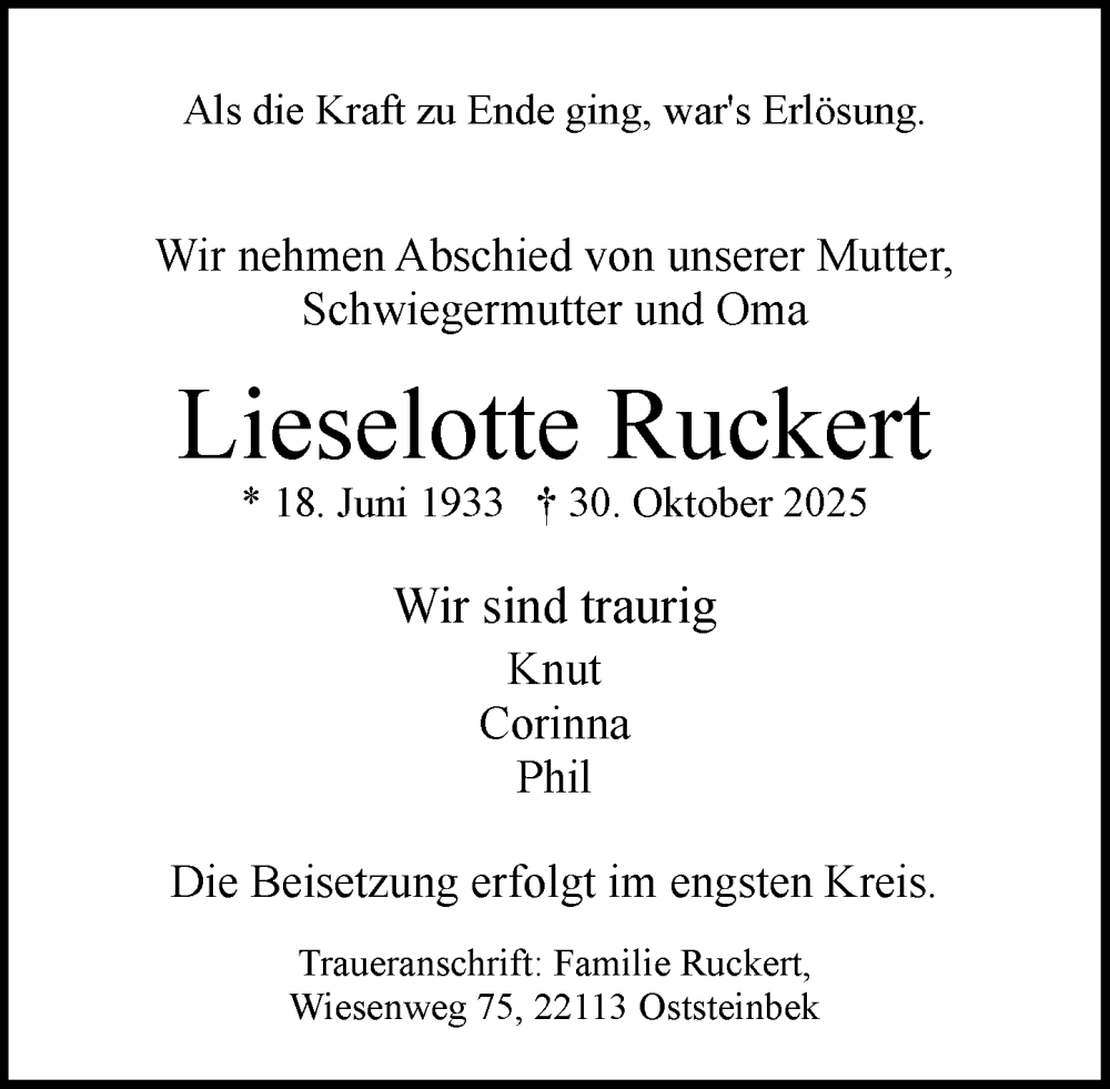  Traueranzeige für Lieselotte Ruckert vom 08.11.2025 aus MARKT Glinde/Reinfeld