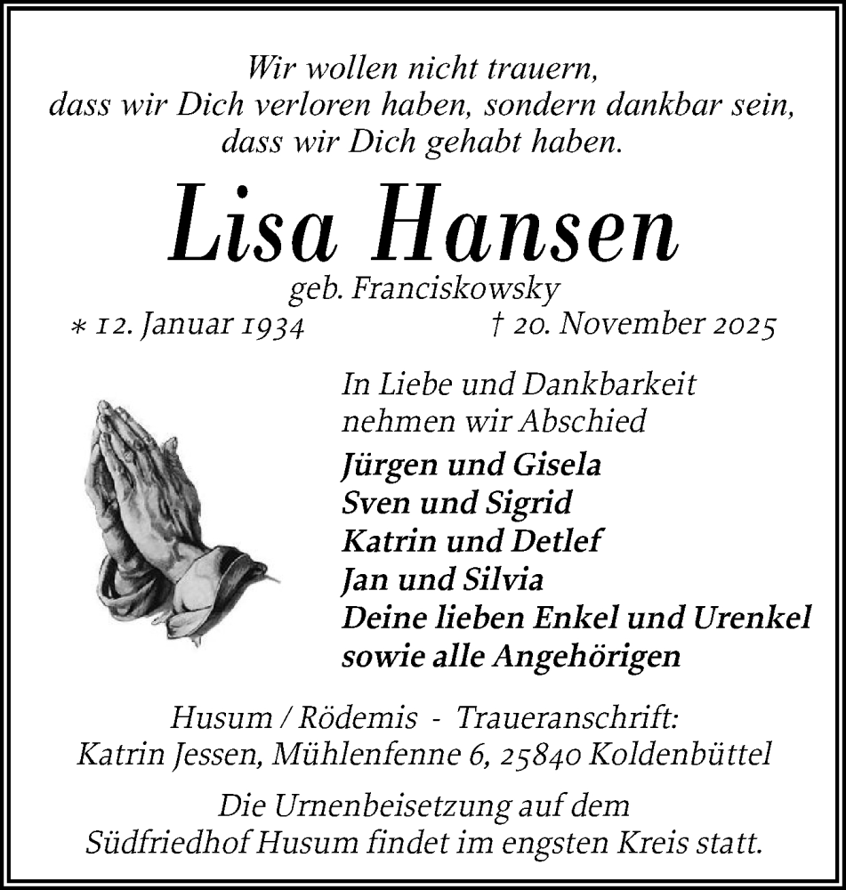  Traueranzeige für Lisa Hansen vom 26.11.2025 aus Husumer Nachrichten, Nordfriesland Tageblatt