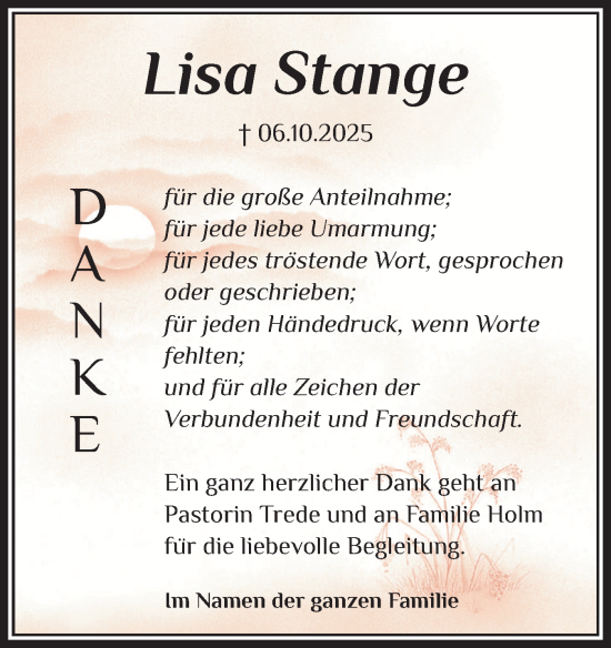 Traueranzeige von Lisa Stange von Schleswig-Holsteinische Landeszeitung