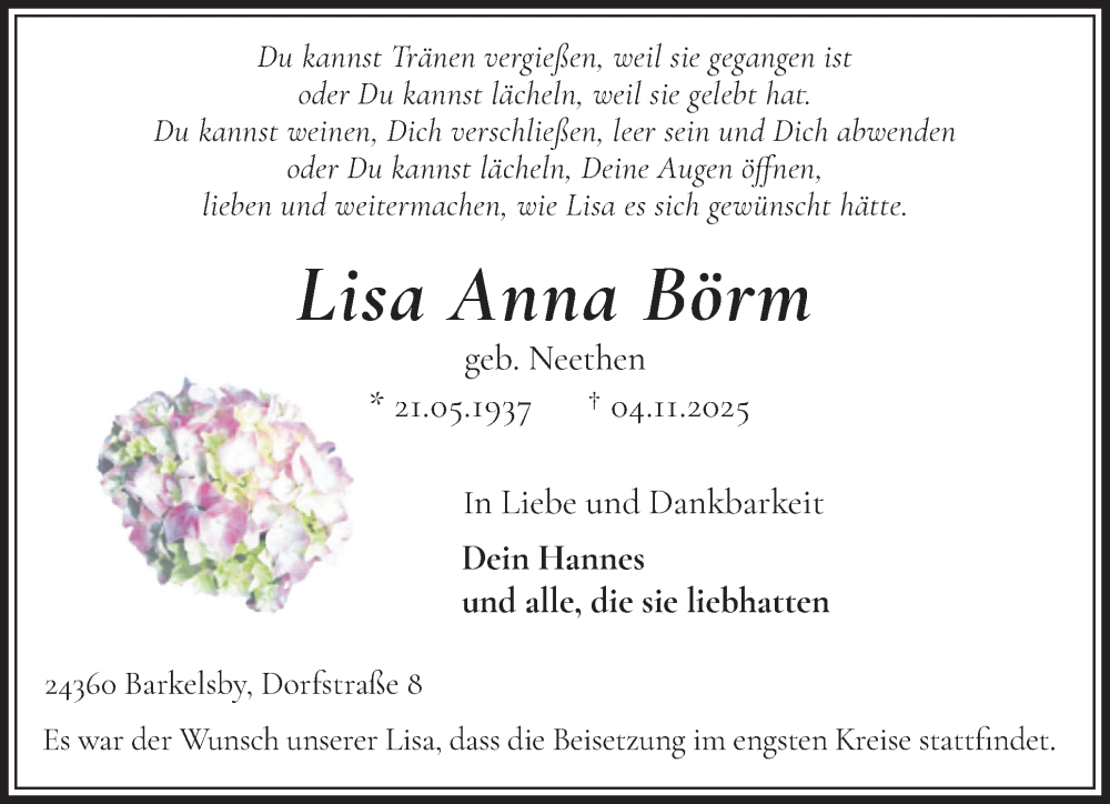  Traueranzeige für Lisa Anna Börm vom 29.11.2025 aus Eckernförder Zeitung, Hallo Eckernförde