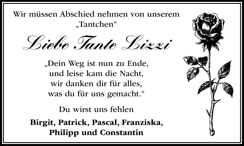  Traueranzeige für Lizzi  vom 22.11.2025 aus MARKT Ratzeburg/Mölln