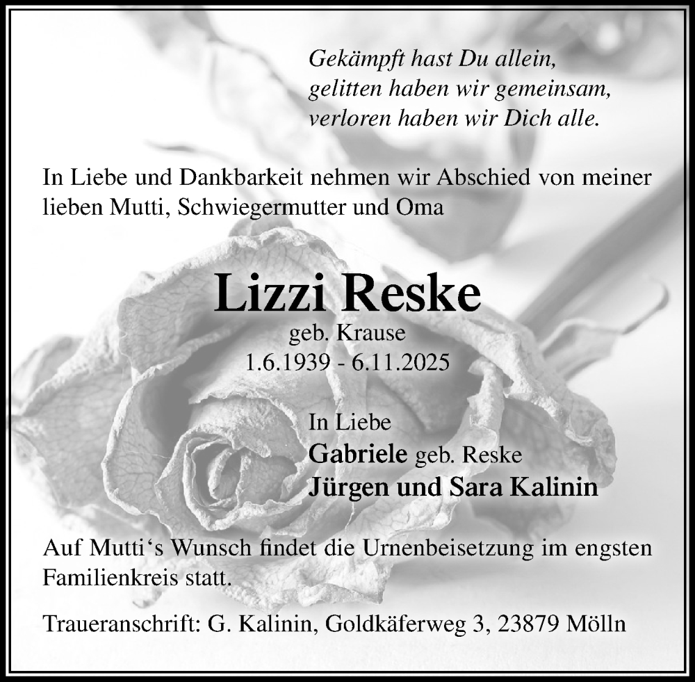  Traueranzeige für Lizzi Reske vom 15.11.2025 aus MARKT Ratzeburg/Mölln