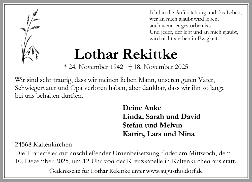  Traueranzeige für Lothar Rekittke vom 29.11.2025 aus Umschau