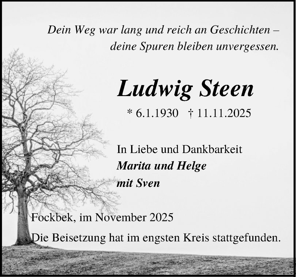 Traueranzeige für Ludwig Steen vom 22.11.2025 aus Schleswig-Holsteinische Landeszeitung