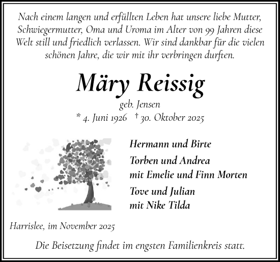 Traueranzeige von Märy Reissig von Flensburger Tageblatt