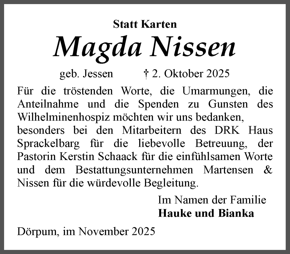  Traueranzeige für Magda Nissen vom 08.11.2025 aus Husumer Nachrichten, Nordfriesland Tageblatt