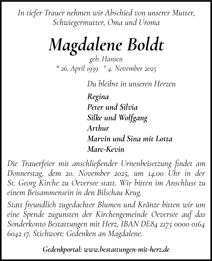  Traueranzeige für Magdalene Boldt vom 15.11.2025 aus Flensburger Tageblatt