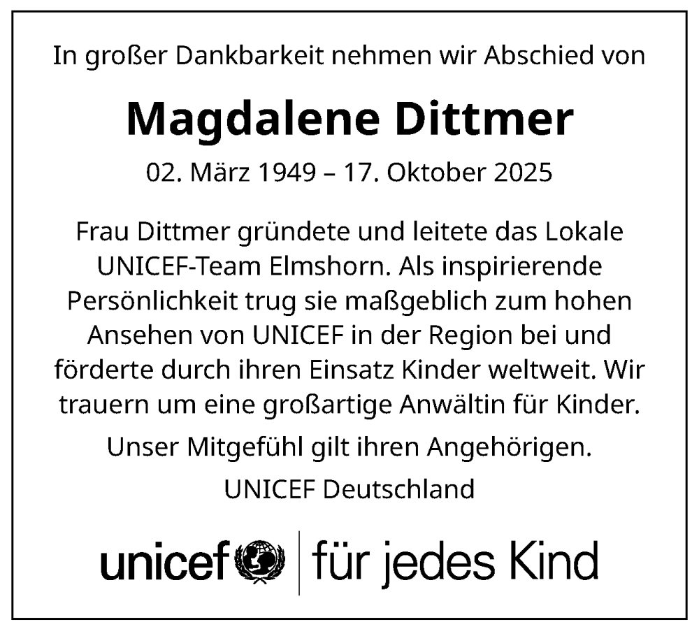  Traueranzeige für Magdalene Dittmer vom 08.11.2025 aus Elmshorner Nachrichten, Barmstedter Zeitung