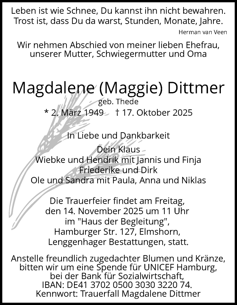  Traueranzeige für Magdalene Dittmer vom 08.11.2025 aus Elmshorner Nachrichten, Barmstedter Zeitung
