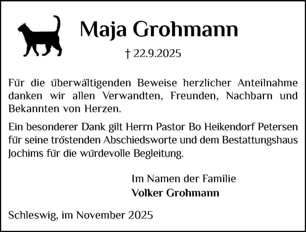  Traueranzeige für Maja Grohmann vom 08.11.2025 aus Schleswiger Nachrichten, Schlei-Bote