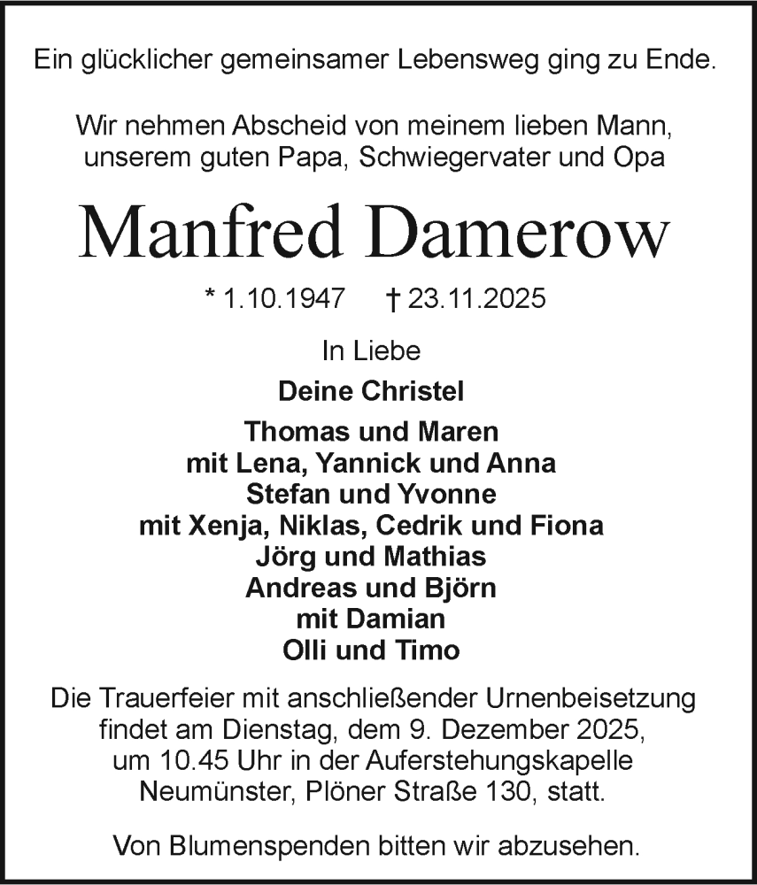  Traueranzeige für Manfred Damerow vom 29.11.2025 aus Holsteinischer Courier