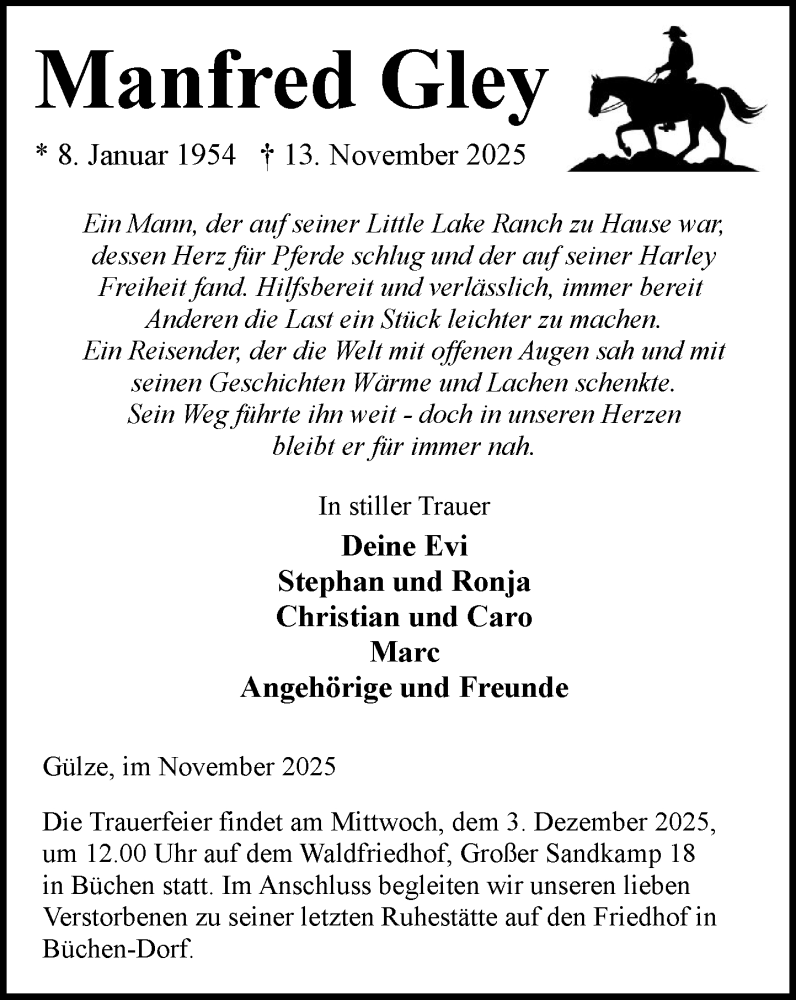  Traueranzeige für Manfred Gley vom 29.11.2025 aus Wochenend Anzeiger