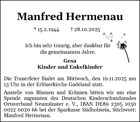 Traueranzeige von Manfred Hermenau von Holsteinischer Courier