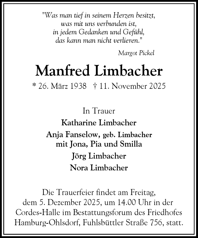  Traueranzeige für Manfred Limbacher vom 22.11.2025 aus Heimatspiegel