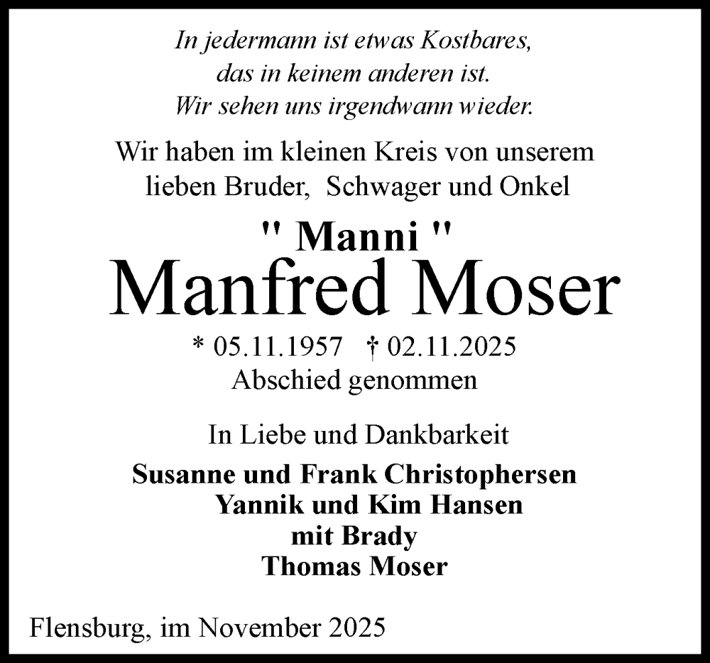  Traueranzeige für Manfred Moser vom 29.11.2025 aus Flensburger Tageblatt