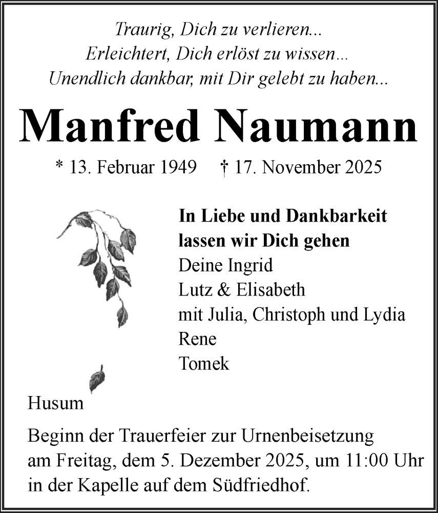  Traueranzeige für Manfred Naumann vom 29.11.2025 aus Husumer Nachrichten, Nordfriesland Tageblatt