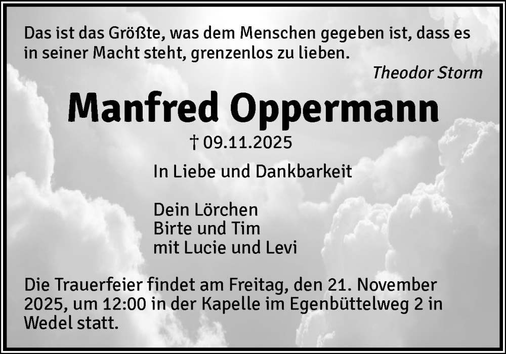  Traueranzeige für Manfred Oppermann vom 15.11.2025 aus Wedel-Schulauer Tageblatt, tip Wedel-Schulauer Tageblatt, tip Rissener Rundschau