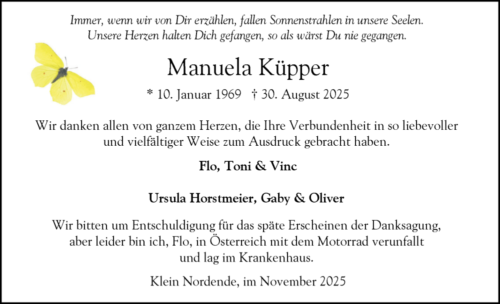  Traueranzeige für Manuela Küpper vom 29.11.2025 aus Elmshorner Nachrichten, Barmstedter Zeitung