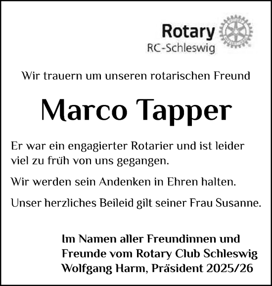 Traueranzeige von Marco Tapper von Schleswiger Nachrichten, Schlei-Bote