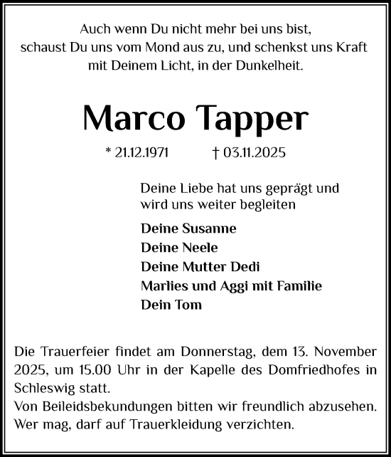 Traueranzeige von Marco Tapper von Schleswiger Nachrichten, Schlei-Bote