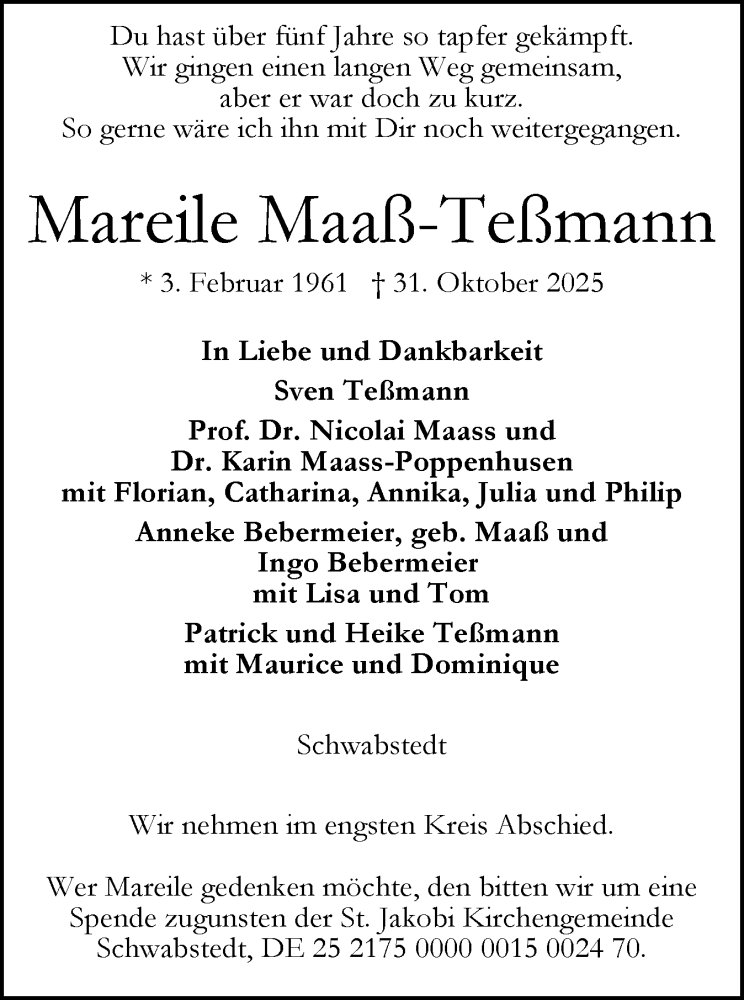  Traueranzeige für Mareile Maaß-Teßmann vom 08.11.2025 aus Husumer Nachrichten, Nordfriesland Tageblatt