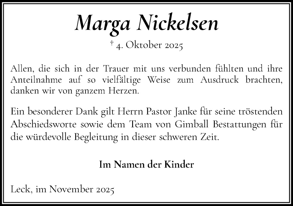  Traueranzeige für Marga Nickelsen vom 28.11.2025 aus Husumer Nachrichten, Nordfriesland Tageblatt