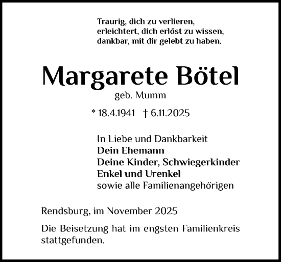 Traueranzeige von Margarete Bötel von Schleswig-Holsteinische Landeszeitung