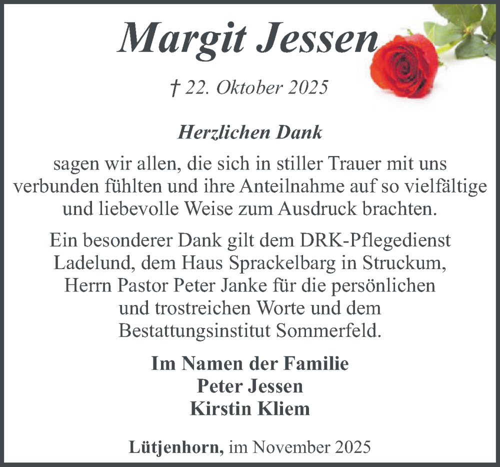  Traueranzeige für Margit Jessen vom 29.11.2025 aus Region Flensburg