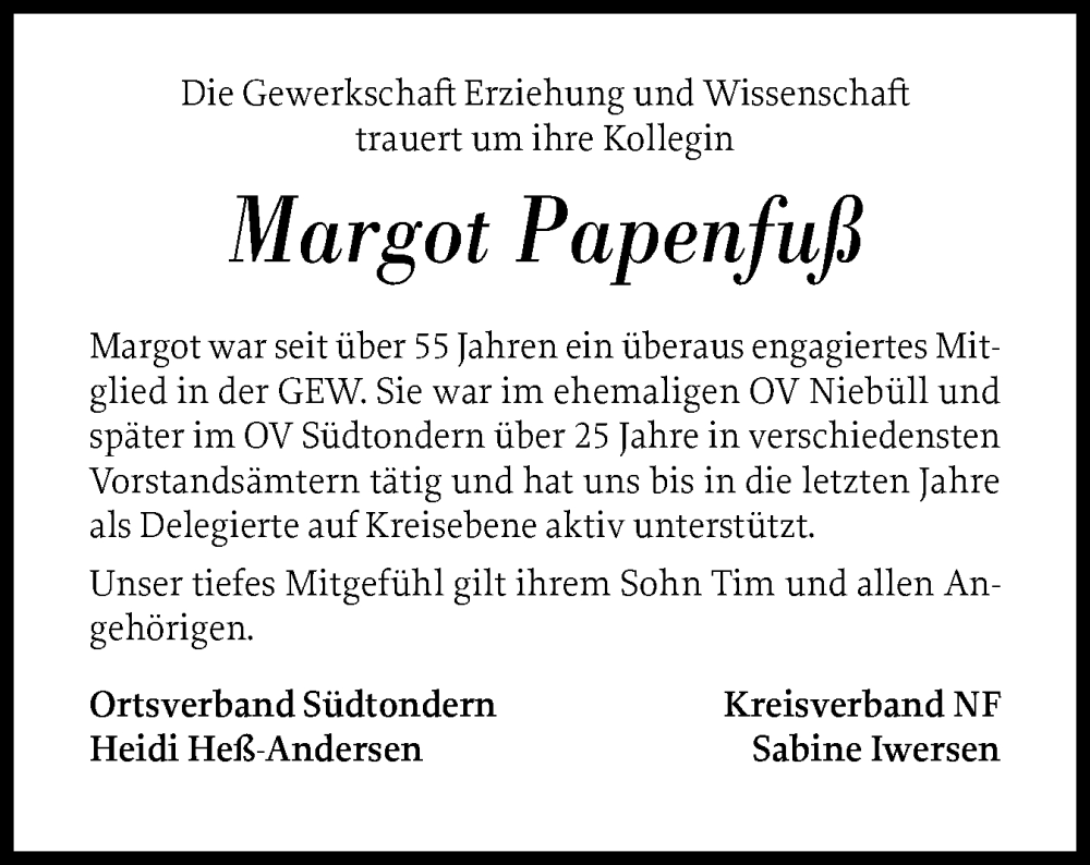  Traueranzeige für Margot Papenfuß vom 15.11.2025 aus Husumer Nachrichten, Nordfriesland Tageblatt