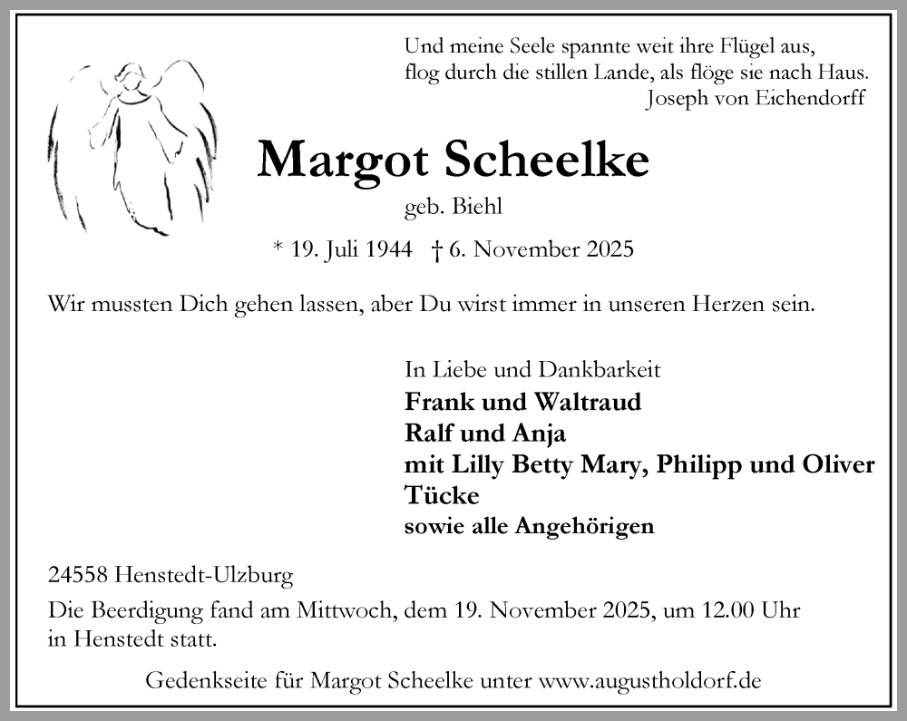  Traueranzeige für Margot Scheelke vom 22.11.2025 aus Umschau
