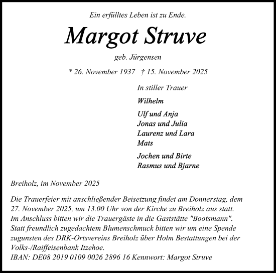 Traueranzeige von Margot Struve von Schleswig-Holsteinische Landeszeitung