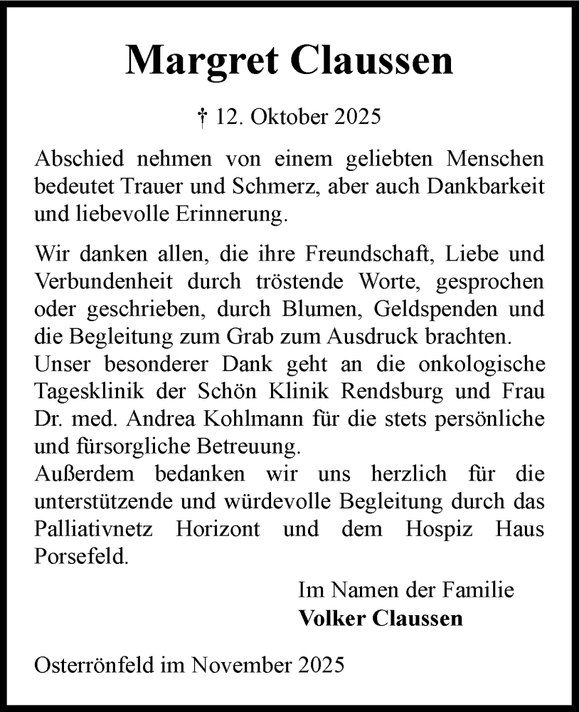  Traueranzeige für Margret Claussen vom 22.11.2025 aus Schleswig-Holsteinische Landeszeitung