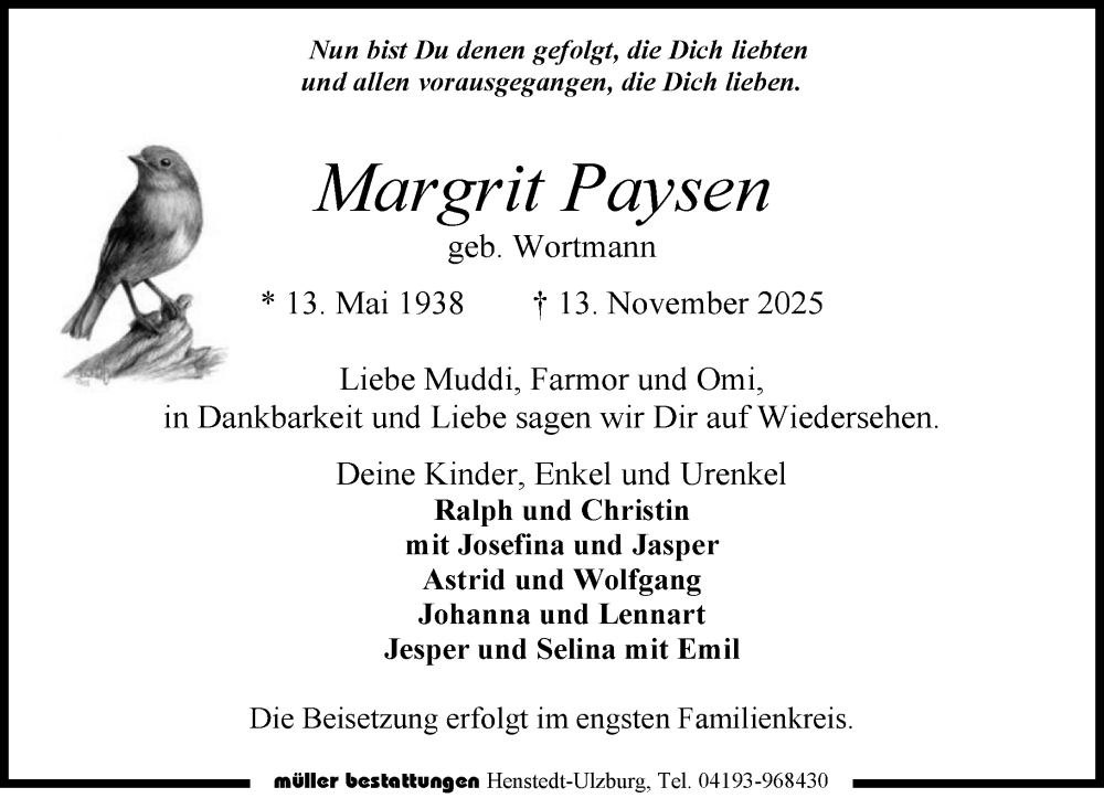  Traueranzeige für Margrit Paysen vom 22.11.2025 aus Umschau